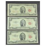 (3) 1953 $2 BILLS RED SEAL OFF CENTER