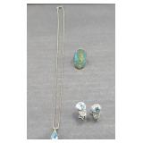 STERLING SILVER RING, NECKLACE, EARRINGS