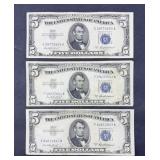 (3) 1953 $5 BLUE SEAL SILVER CERTIFICATES