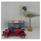 WOOD CAR, BOAT MODEL & BIRD FIGURINE