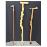 (2) NATURAL WOOD CANES & POLE CUE CANE