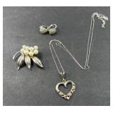 STERLING SILVER PIN, NECKLACE , EARRINGS