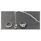 STERLING SILVER (2) RINGS , NECKLACE