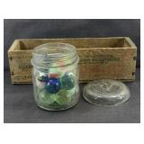 VINTAGE MARBLES IN VINTAGE WOOD BOX