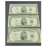 (3) 1953 $5 SILVER CERTIFICATES OFF CENTER