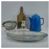 ENAMEL COFFEE POT, METAL TRAY & MORE