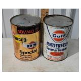 (2) VINTAGE DX OIL & GULF ANTIFREEZE CANS FULL