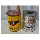 (2) VINTAGE PHILLIPS 66 & PENNZOIL OIL CANS FULL