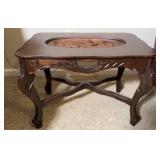 CARVED END TABLE W/ PROTECTIVE GLASS