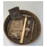 GALVANIZED PAN W/ HAMMER & TOOLS