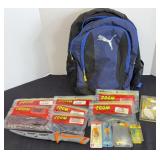 FISHING LURES, KNIFE & BACKPACK