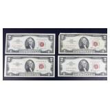 (4) RED SEAL 2 DOLLAR BILLS: 1953 & 1963