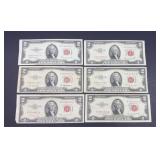 (6) RED SEAL 2 DOLLAR BILLS: 1953