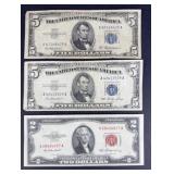 (2) 5 DOLLAR SILVER CERTIFICATES & 2 DOLLAR RED