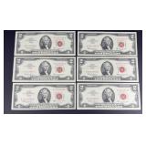 (6) RED SEAL 2 DOLLAR BILLS: 1963