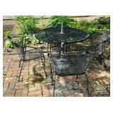 METAL PATIO TABLE W/ (4) CHAIRS & UMBRELLA STAND