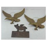 CAST IRON PIG & (2) BRASS EAGLE PLAQUES
