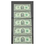(5) $2 BILLS UNCIRCULATED, CONSECUTIVE