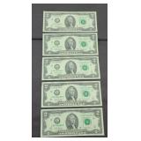 (5) $2 BILLS UNCIRCULATED, CONSECUTIVE