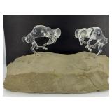 CRYSTAL ART GLASS RAMS ON LIMESTONE BASE, HEAVY