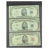(3) $5 DOLLAR BILLS, (2) SILVER CERT, (1) RED