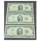(3) $2 DOLLAR RED SEAL BILLS, 1953 & 1963