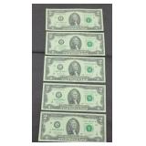 (5) $2 BILLS UNCIRCULATED, CONSECUTIVE