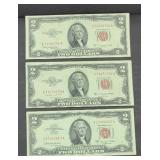 (3) $2 RED SEAL BILLS, 1953 & 1963