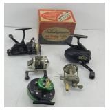 (5) FISHING REELS & EMPTY SHAKESPEARE BOX