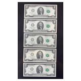 (5) $2 DOLLAR BILLS, CONSECUTIVE NUMBERS, UNCIRC