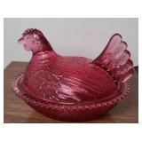 INDIANA GLASS HEN ON NEST, CRANBERRY (ALT LOC)