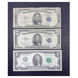 (2) $5 SILVER CERTIFICATES, $2 GREEN SEAL BILL