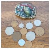 FISHING BELT BUCKLE & FOREIGN COINS