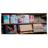 (4) SHELVES PAINTING SUPPLIES, CANNING JARS &