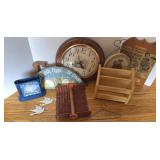 CLOCK, NAPKIN HOLDERS & WOODEN DECOR
