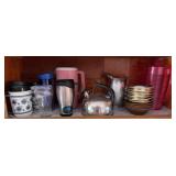 TEA KETTLE, PITCHERS, METAL ICE CREAM BOWLS
