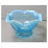 GRAPE PATTERN BLUE GLASS BOWL W/ FROSTED RIM