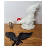 CAST IRON EAGLE, ROOSTER STATUE & SMALL OWL