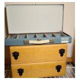 (2) WOODEN STORAGE BOXES & METAL BOX