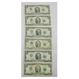 (5) 1976 BICENTENNIAL & (1) 2013 $2 BILLS