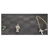 STERLING SILVER PIN, EARRINGS, NECKLACE