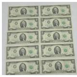 (10) 1976 $2 BILLS CONSECUTIVE UNCIRCULATED