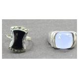 (2) STERLING SILVER RINGS ONYX & BLUE CHALCEDONY