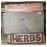 (2) COKE CRATES, WOOD BOX & HERBS SIGN