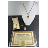ANCIENT COIN REPLICA, GARNET STICK PIN, MORE