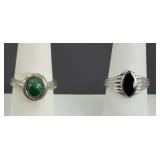 (2) STERLING SILVER RINGS, BLACK ONYX & MALACHITE