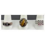 (3) STERLING SILVER RINGS TIGER EYE, SAPPHIRE, CZ