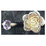 (2) STERLING SILVER RINGS TOPAZ & FLOWER