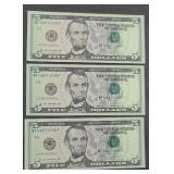 (3) 2013 $5 BILLS UNCIRCULATED CONSECUTIVE