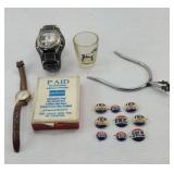 POLITICAL BUTTONS,WRIST WATCHES & MORE